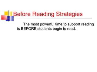 Before Reading Strategies
     The most powerful time to support reading
 is BEFORE students begin to read.
 