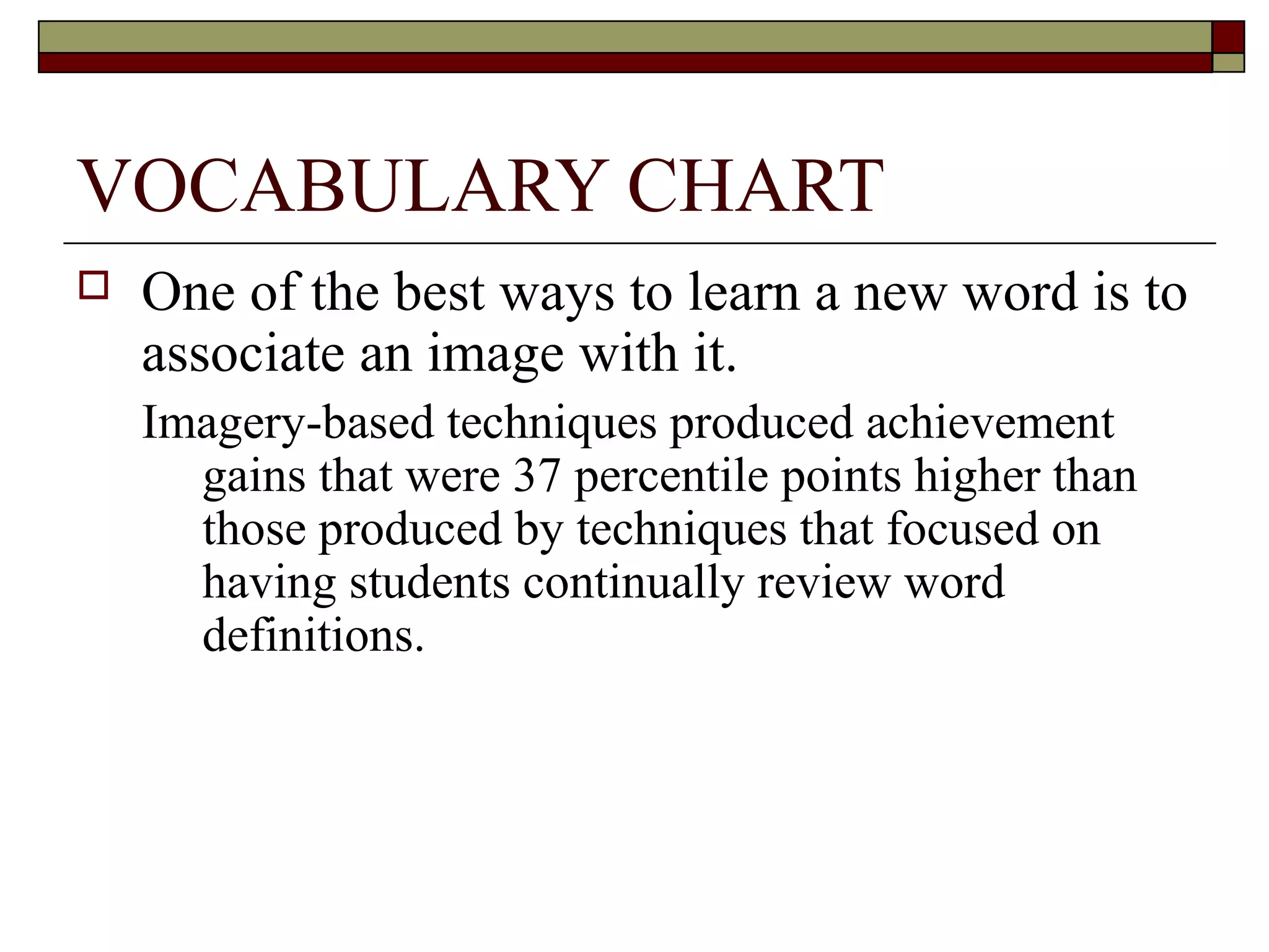 VOCABULARY CHART
   One of the best ways to learn a new word is to
    associate an image with it.
    Imagery-based techniques produced achievement
      gains that were 37 percentile points higher than
      those produced by techniques that focused on
      having students continually review word
      definitions.
 
