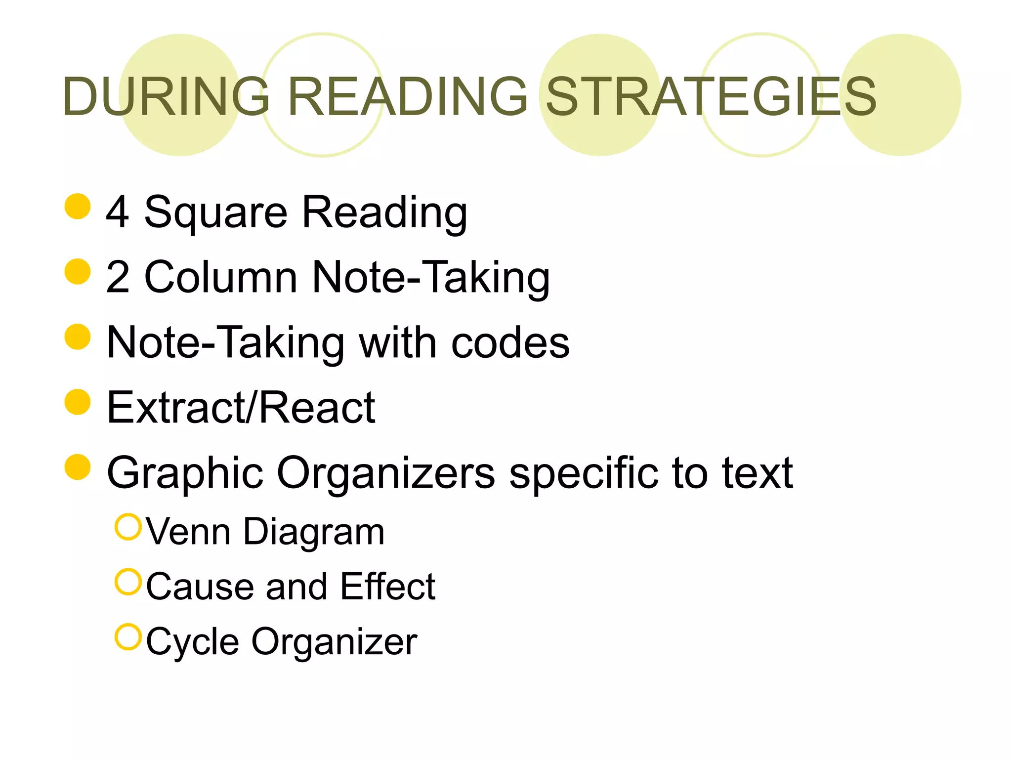 DURING READING STRATEGIES

4 Square Reading
2 Column Note-Taking
Note-Taking with codes
Extract/React
Graphic Organizers specific to text
  Venn Diagram
  Cause and Effect
  Cycle Organizer
 