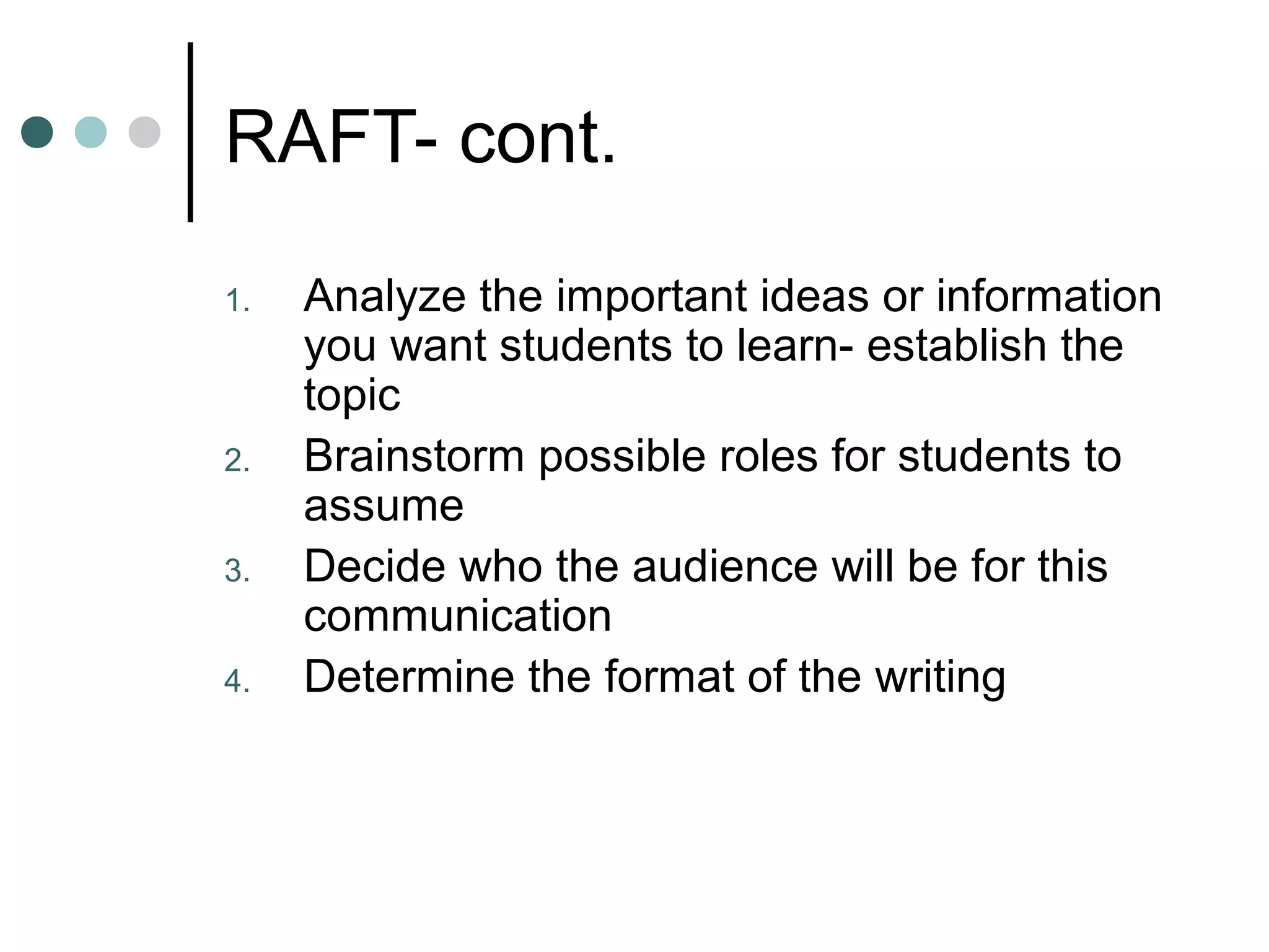 RAFT- cont.

1.   Analyze the important ideas or information
     you want students to learn- establish the
     topic
2.   Brainstorm possible roles for students to
     assume
3.   Decide who the audience will be for this
     communication
4.   Determine the format of the writing
 