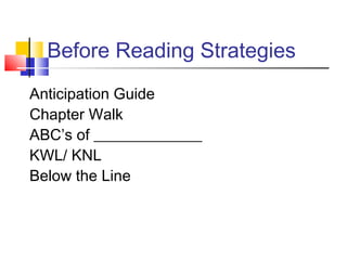 Before Reading Strategies
Anticipation Guide
Chapter Walk
ABC’s of ______________
KWL/ KNL
Below the Line
 
