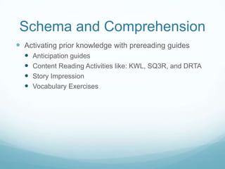 Schema and Comprehension
 Activating prior knowledge with prereading guides
     Anticipation guides
     Content Reading Activities like: KWL, SQ3R, and DRTA
     Story Impression
     Vocabulary Exercises
 