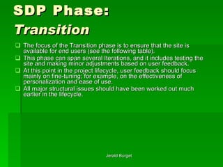 SDP Phase: Transition  The focus of the Transition phase is to ensure that the site is available for end users (see the following table).  This phase can span several Iterations, and it includes testing the site and making minor adjustments based on user feedback.  At this point in the project lifecycle, user feedback should focus mainly on fine-tuning; for example, on the effectiveness of personalization and ease of use.  All major structural issues should have been worked out much earlier in the lifecycle. 