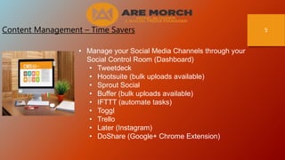 5Content Management – Time Savers
• Manage your Social Media Channels through your
Social Control Room (Dashboard)
• Tweet...