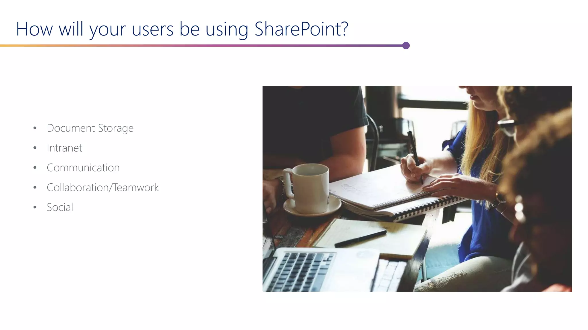 How will your users be using SharePoint?
• Document Storage
• Intranet
• Communication
• Collaboration/Teamwork
• Social
 