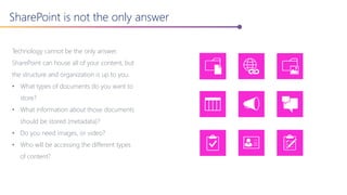 SharePoint is not the only answer
Technology cannot be the only answer.
SharePoint can house all of your content, but
the structure and organization is up to you.
• What types of documents do you want to
store?
• What information about those documents
should be stored (metadata)?
• Do you need images, or video?
• Who will be accessing the different types
of content?
 
