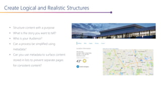 Create Logical and Realistic Structures
• Structure content with a purpose
• What is the story you want to tell?
• Who is your Audience?
• Can a process be simplified using
metadata?
• Can you use metadata to surface content
stored in lists to prevent separate pages
for consistent content?
 