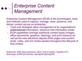 Enterprise Content
       Management
Enterprise Content Management (ECM) is the technologies, tools,
and methods used to capture, manage, store, preserve, and
deliver content across an enterprise.
 • Tools and strategies allow management of an organization's
    unstructured information, wherever that information exists
 • ECM capabilities manage traditional content types (images,
    office documents, graphics, drawings, and print streams) as
    well as the new electronic objects (Web pages and content,
    email, video, and rich media assets) throughout the lifecycle of
    that content


Enterprise: EMC (Documentum), Open Text (Livelink), Vignette (V7)
Mid-range: EVER (EverSuite), SpringCM (SpringCM)
 