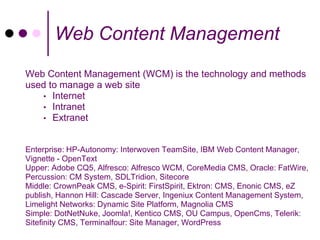 Web Content Management
Web Content Management (WCM) is the technology and methods
used to manage a web site
   • Internet
   • Intranet
   • Extranet



Enterprise: HP-Autonomy: Interwoven TeamSite, IBM Web Content Manager,
Vignette - OpenText
Upper: Adobe CQ5, Alfresco: Alfresco WCM, CoreMedia CMS, Oracle: FatWire,
Percussion: CM System, SDLTridion, Sitecore
Middle: CrownPeak CMS, e-Spirit: FirstSpirit, Ektron: CMS, Enonic CMS, eZ
publish, Hannon Hill: Cascade Server, Ingeniux Content Management System,
Limelight Networks: Dynamic Site Platform, Magnolia CMS
Simple: DotNetNuke, Joomla!, Kentico CMS, OU Campus, OpenCms, Telerik:
Sitefinity CMS, Terminalfour: Site Manager, WordPress
 