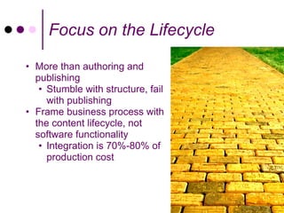 Focus on the Lifecycle

• More than authoring and
  publishing
   • Stumble with structure, fail
     with publishing
• Frame business process with
  the content lifecycle, not
  software functionality
   • Integration is 70%-80% of
     production cost
 