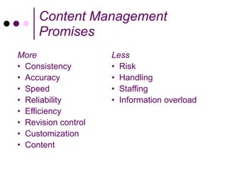 Content Management
     Promises
More                 Less
• Consistency        • Risk
• Accuracy           • Handling
• Speed              • Staffing
• Reliability        • Information overload
• Efficiency
• Revision control
• Customization
• Content
 