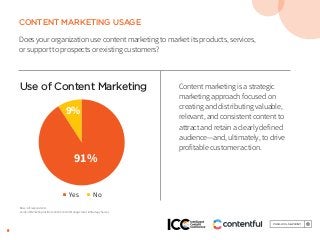 8
CONTENT MARKETING USAGE
Does your organization use content marketing to market its products, services,
or support to prospects or existing customers?
Content marketing is a strategic
marketing approach focused on
creating and distributing valuable,
relevant, and consistent content to
attract and retain a clearly defined
audience—and, ultimately, to drive
profitable customer action.
Use of Content Marketing
91%
9%
■ Yes ■ No
Base: All respondents.
Content Marketing Institute 2018 Content Management & Strategy Survey
 