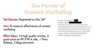 Test Domain: Registered on Dec 26th

Aim: To measure effectiveness of content
marketing

Effort Taken: 15 high quality articles, 5
guest posts on PR 2-PR 4 sites, 1 Press
Release, 5 blog comments
 