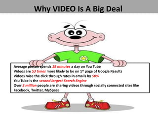 Why VIDEO Is A Big Deal
Average person spends 15 minutes a day on You Tube
Videos are 53 times more likely to be on 1st page of Google Results
Videos raise the click through rates in emails by 50%
You Tube is the second largest Search Engine
Over 3 million people are sharing videos through socially connected sites like
Facebook, Twitter, MySpace
 