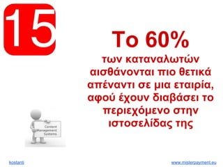 kostanti www.misterpayment.eu
Το 60%
των καταναλωτών
αισθάνονται πιο θετικά
απέναντι σε μια εταιρία,
αφού έχουν διαβάσει το
περιεχόμενο στην
ιστοσελίδας της
 
