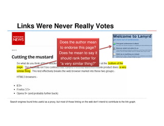 Links Were Never Really Votes
Does the author mean
to endorse this page?
Does he mean to say it
should rank better for
“a very similar thing?”

Search engines found links useful as a proxy, but most of those linking on the web don’t intend to contribute to the link graph.

 