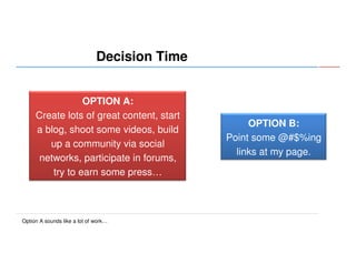 Decision Time
OPTION A:
Create lots of great content, start
a blog, shoot some videos, build
up a community via social
networks, participate in forums,
try to earn some press…

Option A sounds like a lot of work…

OPTION B:
Point some @#$%ing
links at my page.

 