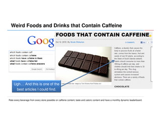 Weird Foods and Drinks that Contain Caffeine

Ugh… And this is one of the
best articles I could find.
Rate every beverage from every store possible on caffeine content, taste and caloric content and have a monthly dynamic leaderboard.

 