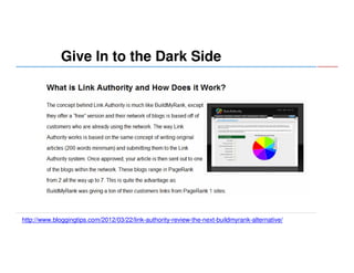 Give In to the Dark Side

http://www.bloggingtips.com/2012/03/22/link-authority-review-the-next-buildmyrank-alternative/

 