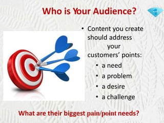 Who is Your Audience?
• Content you create
should address
your
customers’ points:
• a need
• a problem
• a desire
• a challenge
What are their biggest pain/point needs?

 