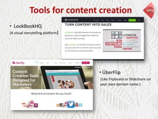 Tools for content creation
• LookBookHQ
(A visual storytelling platform)

• ÜberFlip
(Like Flipboard or Slideshare on
your own domain name.)

 
