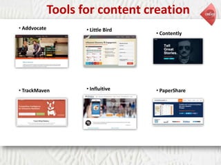 Tools for content creation
• Addvocate

• Little Bird

• TrackMaven

• Influitive

• Contently

• PaperShare

 