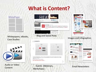 What is Content?

Whitepapers, eBooks,
Case Studies

Audio or Video
Content

Blog and Social Posts

Events (Webinars,
Workshops)

Images and Infographics

Email Newsletters

 