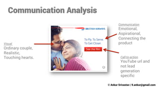 Communication Analysis
Communication

Visual

Ordinary couple,
Realistic,
Touching hearts.

Emotional,
Aspirational,
Connecting the
product
Call-to-action

YouTube url and
not lead
generation
specific
© Ankur Srivastav | 9.ankur@gmail.com

 