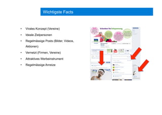 Wichtigste Facts
•  Virales Konzept (Vereine)
•  Ideale Zielpersonen
•  Regelmässige Posts (Bilder, Videos,
Aktionen)
•  Vernetzt (Firmen, Vereine)
•  Attraktives Werbeinstrument
•  Regelmässige Anreize
 