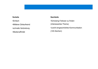 Vorteile
• Einfach
• Mittlerer Zeitaufwand
• schnelle Verbreitung
• Medienaffinität
Nachteile
• Schwierig Follower zu finden
(interessantes Thema)
• Leicht eingeschränkte Kommunikation
(140 Zeichen)
 