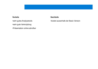 Vorteile
• sehr gutes Analysetools
• sehr gute Verknüpfung
• Präsentation online abrufbar
Nachteile
• kostet ausserhalb der Basic Version
 