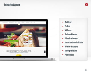 25
Inhaltstypen
• Artikel
• Fotos
• Videos
• Animationen
• Illustrationen
• Interaktive Inhalte
• White Papers
• Infografiken
• Podcasts
 