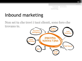 Inbound marketing
Non sei tu che trovi i tuoi clienti, sono loro che
trovano te.
Content
marketing
25/09/2015
12
 
