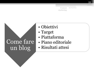 Come fare
un blog
• Obiettivi
• Target
• Piattaforma
• Piano editoriale
• Risultati attesi
Content
marketing
25/09/2015
33
 