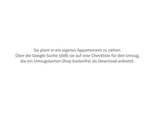 Sie plant in ein eigenes Appartement zu ziehen.
Über die Google-Suche stößt sie auf eine Checkliste für den Umzug,
die ein Umzugskarton-Shop kostenfrei als Download anbietet.
 