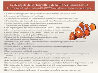 1. Si ammira un personaggio perché cerca qualcosa, ha uno scopo o un obiettivo e non per i suoi successi
2. Tenere a mente quello che t’interessa/diverte chi legge
3. Il tema della storia è importante, ma a volte è chiaro solo alla ﬁne e allora occorre riscrivere tutto da capo
4. C'era una volta ___ Ogni giorno ___ Un giorno ___ A causa di ciò ___ A causa di questo ___ Finché, ﬁnalmente ___
5. Sempliﬁca. Concentrati. Combina insieme più personaggi. Prendi delle scorciatoie.  
Non tergiversale tutto deve essere signiﬁcativo in una storia
6. Crea un personaggio che abbia personalità mettilo davanti a una sﬁda. Come si comporterà?
7. Devi avere un ﬁnale ancor prima di essere arrivato a metà della storia. I ﬁnali sono difﬁcilissimi.
8. Finisci la tua storia, lascia perdere se non è perfetta. La prossima volta andrà meglio
9. Quando sei bloccato fai una lista di quello che NON accadrà
10.Studia le storie che ti piacciono. Quello che ti piace di loro è una parte di te.  
Devi realizzare questa cosa prima che tu possa usarle
11.Metti tutto su carta, nero su bianco. Un'idea che resta solo nella tua mente e non può essere condivisa non vale nulla
12.Rifuggi dalle ovvietà. Sorprendi te stesso
13.Dai delle opinioni ai tuoi personaggi. Individui passivi o malleabili sono un veleno per il pubblico
14.Perché devi raccontare QUESTA storia?
15.Essere onesti conferisce credibilità alle situazioni più assurde
16.Qual è la posta in gioco? Devi dare una valida ragione per parteggiare per i personaggi. Cosa accade se non raggiunge il
successo?
17.Nessun lavoro è mai sprecato. Se non funziona, tienilo da parte. Ti tornerà utile più in avanti
18.Devi conoscere te stesso. Dare forma a una storia è un processo di test continui, non di rafﬁnazione
19.Le coincidenze che gettano nei casini i personaggi sono grandiose. Le coincidenze che li tirano fuori dai problemi sono un bluff
20.Esercitati: prendi un ﬁlm che non ti piace e smontalo. Riesci a rimetterlo insieme in una maniera che te lo faccia piacere?
21.Devi identiﬁcarti con i personaggi e le situazioni. Quindi non raccontarle, mostrale.
22.Qual è l'essenza della tua storia e la maniera più economica per raccontarla? Se lo sai, puoi iniziare a scrivere
Le 22 regole dello storytelling della PIXAR (Emma Coast) 
http://allthatweb.sixeleven.it/post/121192270557/storytelling-regole-pixar-racconto-perfetto
 