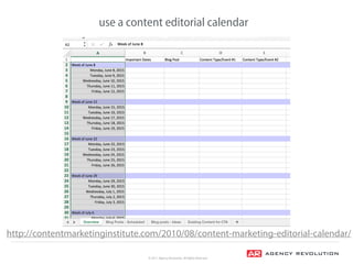 © 2017, Agency Revolution, All Rights Reserved
use a content editorial calendar
http://contentmarketinginstitute.com/2010/...