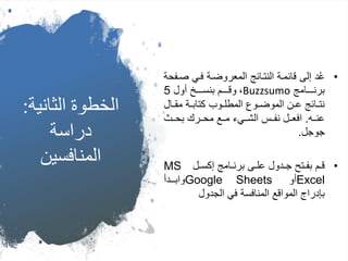 ‫الثاني‬ ‫الخطوة‬‫ة‬:
‫دراسة‬
‫المنافسين‬
•‫صة‬ ‫فةي‬ ‫المعروضةة‬ ‫النتةائج‬ ‫قائمةة‬ ‫إلى‬ ‫د‬ُ‫ع‬‫فحة‬
‫ةةةةامج‬‫ة‬‫برن‬Buzzsumo،‫أول‬ ‫ةةةةخ‬‫ة‬‫بنس‬ ‫ةةةةم‬‫ة‬‫وق‬5
‫ةال‬‫ة‬‫مق‬ ‫ةة‬‫ة‬‫كتاب‬ ‫ةوب‬‫ة‬‫المطل‬ ‫ةول‬‫ة‬‫الموض‬ ‫ةن‬‫ة‬‫ع‬ ‫ةائج‬‫ة‬‫نت‬
‫عنةةه‬.‫ةةث‬‫ة‬‫بح‬ ‫محةةرك‬ ‫مةةع‬ ‫ةةيء‬‫ة‬‫الش‬ ‫نفةةس‬ ‫افعةةل‬
‫جوجل‬.
•‫ةل‬‫ة‬‫إكس‬ ‫ةامج‬‫ة‬‫برن‬ ‫ةى‬‫ة‬‫عل‬ ‫ةدول‬‫ة‬‫ج‬ ‫ةتح‬‫ة‬‫بف‬ ‫ةم‬‫ة‬‫ق‬MS
Excel‫أو‬Google Sheets‫ةةةدأ‬‫ة‬‫واب‬
‫الجدول‬ ‫في‬ ‫المنافسة‬ ‫المواقع‬ ‫بإدراج‬
 