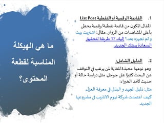 ‫الهيكلة‬ ‫هي‬ ‫ما‬
‫لقطع‬ ‫المناسبة‬‫ة‬
‫المحتوى؟‬
.1‫النقطية‬‫أو‬‫الرقمية‬‫القائمة‬ListPost
‫نقطية‬‫قائمة‬‫من‬‫ن‬‫املكو‬‫املقال‬/‫يحظ‬ ‫قمية‬‫ر‬‫ى‬
‫ار‬‫و‬‫الز‬‫من‬‫املشاهدات‬‫بأعلى‬.‫مثال‬:‫ب‬‫اشتريت‬‫يت‬
‫بعد؟‬‫تجهزه‬ ‫لم‬‫و‬‫إليك‬17‫لتحقيق‬‫طريقة‬
‫الجديد‬ ‫ببيتك‬‫السعادة‬.
.2‫الشامل‬ ‫الدليل‬:
‫الت‬‫في‬‫يرغب‬‫ملن‬ ‫للغاية‬‫محبذة‬ ‫نوعية‬‫وهو‬‫وقف‬
‫جوجل‬‫على‬‫ا‬ً‫كثير‬‫البحث‬‫عن‬.‫حال‬‫اسة‬‫ر‬‫د‬ ‫مثل‬‫أو‬‫ة‬
‫اء‬‫ر‬‫الخب‬ ‫ألحد‬‫حديث‬:
‫مثل‬:‫ل‬‫العز‬ ‫معرفة‬‫في‬‫البذل‬‫و‬‫الجهد‬ ‫دليل‬.
‫اعتمد‬ ‫كيف‬‫ت‬‫مش‬‫فى‬‫االنابيب‬‫نيوم‬ ‫شركة‬‫عها‬‫و‬‫ر‬
‫الجديد‬.
 
