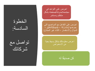 ‫الخطوة‬
‫السادسة‬:
‫مع‬ ‫تواصل‬
‫شركائك‬
‫في‬ ‫التواجد‬ ‫على‬ ‫احرص‬
‫مجتمعه‬/‫مدونته‬/‫بش‬ ‫صفحته‬‫كل‬
‫ومستمر‬ ‫منتظم‬
‫الت‬ ‫المواضيع‬ ‫مع‬ ‫التفاعل‬ ‫على‬ ‫احرص‬‫ي‬
‫يعرضها‬(‫مشاركة‬Share –‫التعليق‬–
‫واالستفسار‬ ‫السؤال‬–‫ال‬ ‫غير‬ ‫الثناء‬‫مبتذل‬)
‫بعي‬ ‫بسيط‬ ‫بشكل‬ ‫معلوماتك‬ ‫اعرض‬‫ًا‬‫د‬
‫االستعراض‬ ‫عن‬
‫له‬ ‫ا‬ً‫ق‬‫صدي‬ ‫كن‬
 