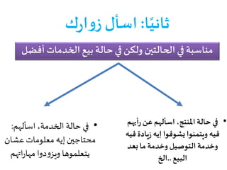 •‫أ‬‫ر‬‫عن‬‫اسألهم‬ ،‫املنتج‬‫حالة‬‫في‬‫يهم‬
‫يا‬‫ز‬ ‫إيه‬‫يشوفوا‬‫ويتمنوا‬ ‫فيه‬‫فيه‬ ‫دة‬
‫بعد‬ ‫ما‬ ‫وخدمة‬ ‫التوصيل‬ ‫وخدمة‬
‫البيع‬..‫الخ‬
‫ا‬ً‫ثاني‬:‫ك‬‫ر‬‫ا‬‫و‬‫ز‬ ‫اسأل‬
‫الخدمات‬ ‫بيع‬ ‫حالة‬ ‫في‬‫ولكن‬ ‫الحالتين‬ ‫في‬ ‫مناسبة‬‫أفضل‬
•‫اسألهم‬،‫الخدمة‬ ‫حالة‬ ‫في‬:
‫عشان‬ ‫معلومات‬ ‫إيه‬‫محتاجين‬
‫اتهم‬‫ر‬‫مها‬ ‫دوا‬‫و‬‫ويز‬ ‫يتعلموها‬
 