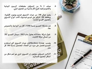 .6‫ف‬
ّ
‫صن‬2%‫من‬‫قين‬ّ
ِ‫املسو‬‫مخططات‬‫الرسوم‬‫البيانية‬
‫واإلنفوجرافيك‬‫كنوع‬‫أكثر‬‫جاذبية‬‫من‬‫ى‬‫املحتو‬‫املرئي‬.
.7‫يضع‬‫حوالي‬48٪‫من‬‫جهات‬‫التسويق‬‫فيديو‬‫يوتيوب‬،‫كأولوية‬
‫ويخطط‬46٪‫للتركيز‬‫على‬‫فيديو‬‫فيسبوك‬‫كأحد‬‫أنواع‬‫الت‬‫سويق‬
‫ى‬‫باملحتو‬‫األوسع‬‫ا‬‫ر‬‫انتشا‬.
.8‫تتم‬‫مشاركة‬‫الفيديو‬‫بنسبة‬1200٪‫أكثر‬‫من‬‫ابط‬‫و‬‫الر‬‫والنصوص‬
‫ا‬ً‫مع‬.
.9‫ل‬‫تقو‬‫شركة‬Cisco‫أنه‬‫ل‬‫بحلو‬‫عام‬2021،‫سيمثل‬‫الفيديو‬82٪
‫من‬‫إجمالي‬‫حركة‬‫اإلنترنت‬.
.10‫بحسب‬Aberdeen Group‫فإن‬‫جهات‬‫التسويق‬‫التي‬‫تستخدم‬
‫الفيديو‬‫تحصل‬‫على‬‫مزيد‬‫من‬‫العمالء‬‫املحتملين‬‫بنسبة‬66٪‫كل‬
‫عام‬.
.1137%‫من‬‫قين‬ّ‫املسو‬‫ن‬‫يقولو‬‫إن‬‫التسويق‬‫املرئي‬‫هو‬‫أهم‬‫شك‬‫ل‬‫من‬
‫أشكال‬‫ى‬‫املحتو‬‫ألعمالهم‬.
 