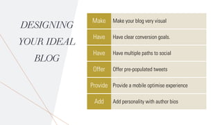 DESIGNING
YOUR IDEAL
BLOG
Make your blog very visualMake
Have clear conversion goals.Have
Have multiple paths to socialHave
Offer pre-populated tweetsOffer
Provide a mobile optimise experienceProvide
Add personality with author biosAdd
 