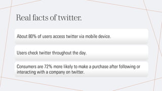 Real facts of twitter.
About 80% of users access twitter via mobile device.
Users check twitter throughout the day.
Consumers are 72% more likely to make a purchase after following or
interacting with a company on twitter.
 