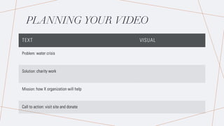 PLANNING YOUR VIDEO
TEXT VISUAL
Problem: water crisis
Solution: charity work
Mission: how X organization will help
Call to action: visit site and donate
 