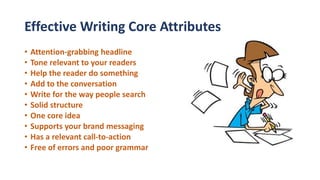 Effective Writing Core Attributes
• Attention-grabbing headline
• Tone relevant to your readers
• Help the reader do something
• Add to the conversation
• Write for the way people search
• Solid structure
• One core idea
• Supports your brand messaging
• Has a relevant call-to-action
• Free of errors and poor grammar
 