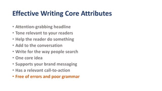 Effective Writing Core Attributes
• Attention-grabbing headline
• Tone relevant to your readers
• Help the reader do something
• Add to the conversation
• Write for the way people search
• One core idea
• Supports your brand messaging
• Has a relevant call-to-action
• Free of errors and poor grammar
 