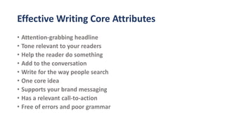 Effective Writing Core Attributes
• Attention-grabbing headline
• Tone relevant to your readers
• Help the reader do something
• Add to the conversation
• Write for the way people search
• One core idea
• Supports your brand messaging
• Has a relevant call-to-action
• Free of errors and poor grammar
 