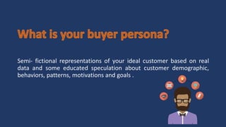 Semi- fictional representations of your ideal customer based on real
data and some educated speculation about customer demographic,
behaviors, patterns, motivations and goals .
 