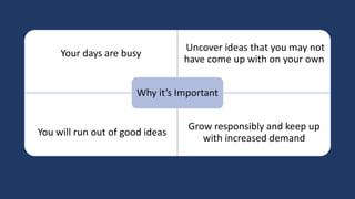 Your days are busy
Uncover ideas that you may not
have come up with on your own
You will run out of good ideas
Grow responsibly and keep up
with increased demand
Why it’s Important
 